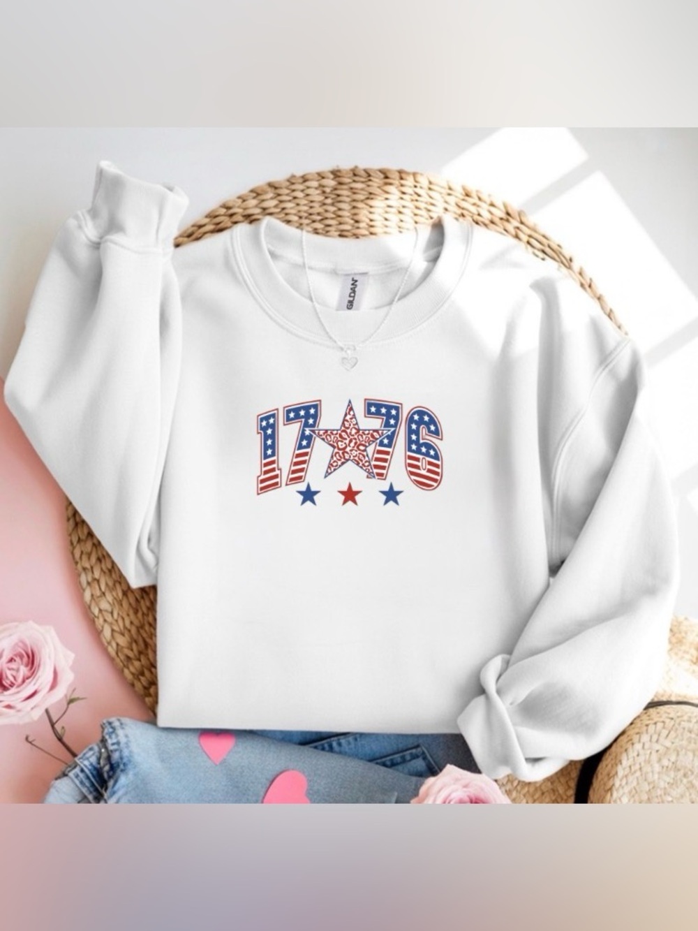 1776 Stars Stripes Patriotic White Crewneck Sweatshirt 4th of July USA